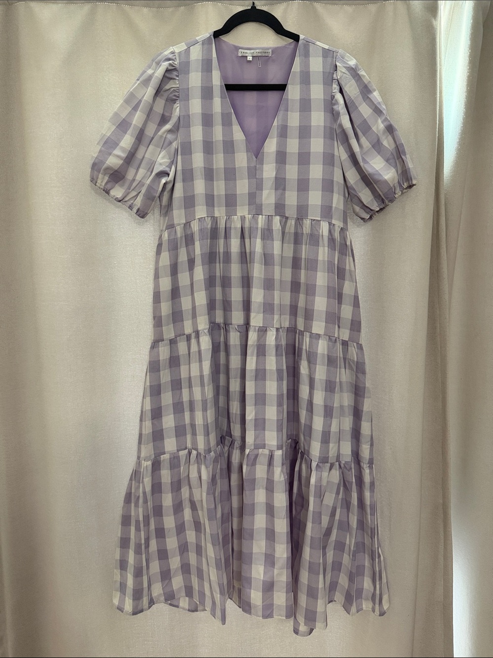 English Factory Lavender and White Gingham Tiered Dress with Puff Sleeves